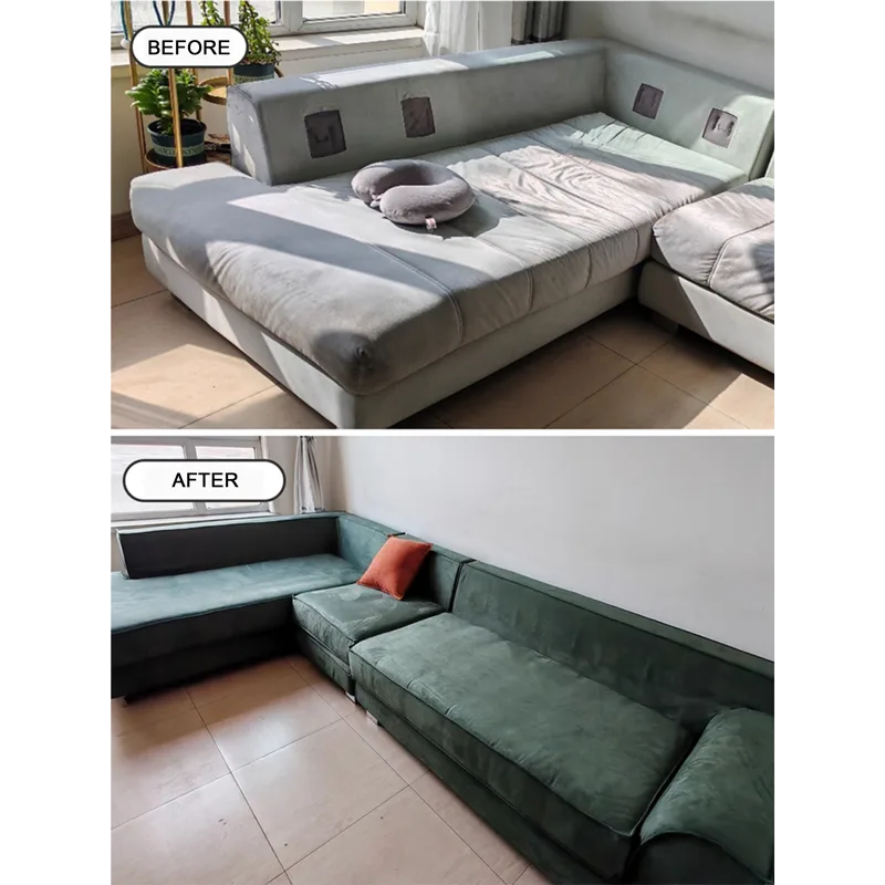 Comparison of old sofa vs new look with custom slipcover
