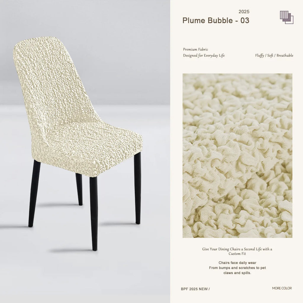 Beige custom curved dining chair cover in modern dining room – soft, fluffy, and protective slipcover for elegant home decor.