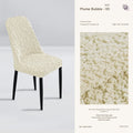 Beige custom curved dining chair cover in modern dining room – soft, fluffy, and protective slipcover for elegant home decor.