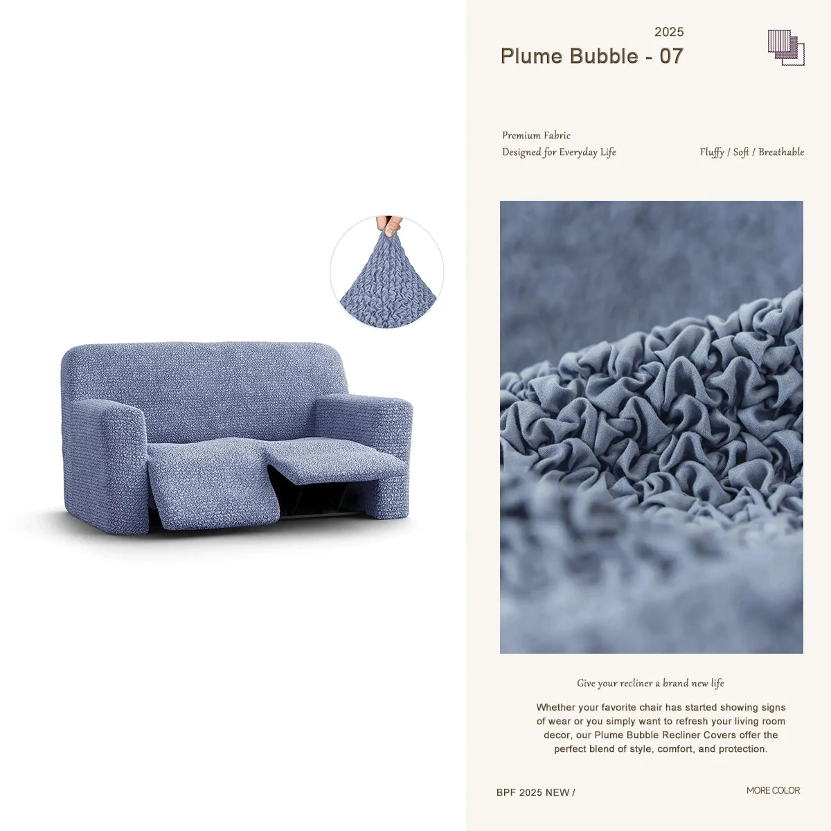 Blue double recliner slipcover by Plume Bubble – stylish, durable, and machine washable fabric cover.