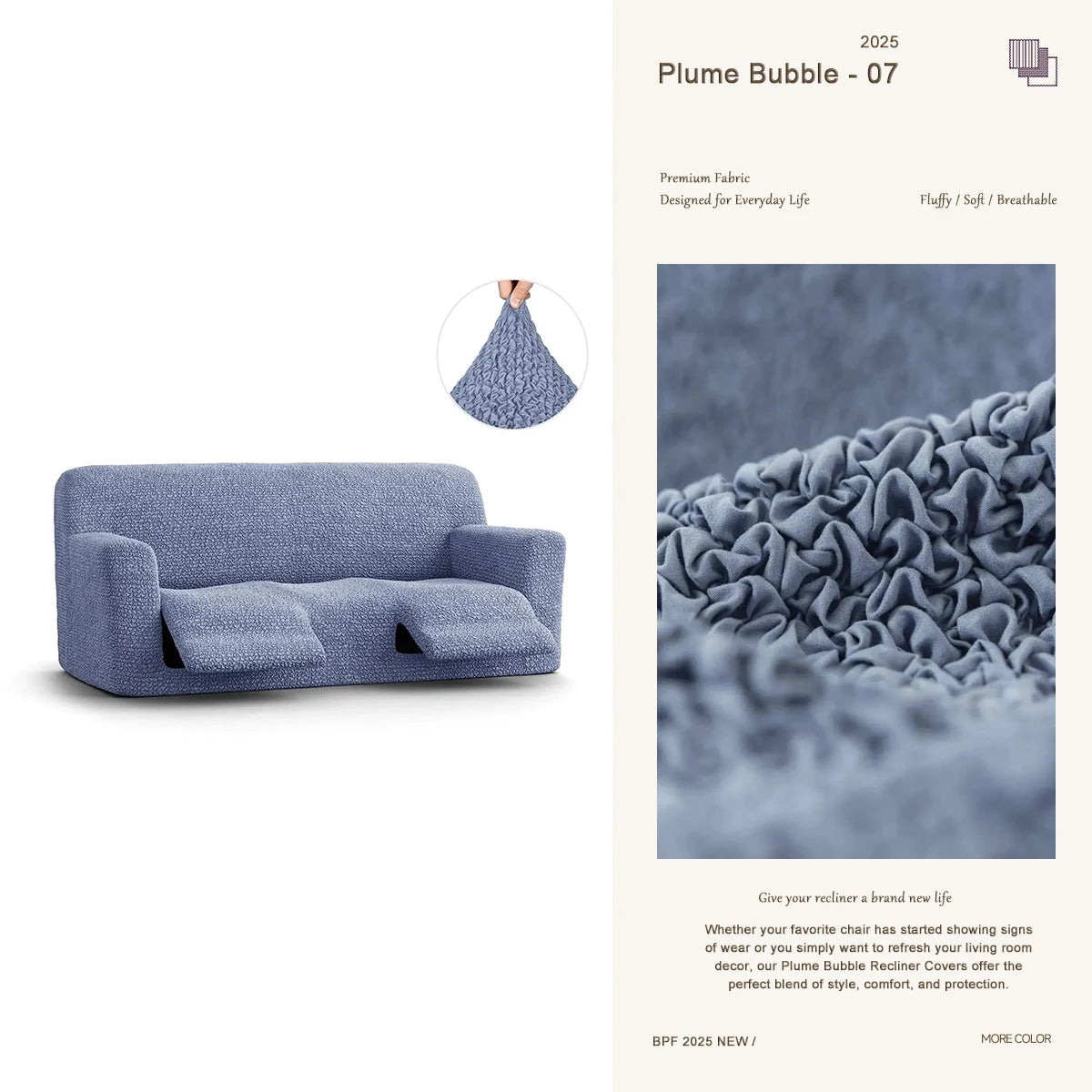Blue sofa recliner cover by Plume Bubble – elegant, handcrafted slipcover for multi-seat reclining sofas.