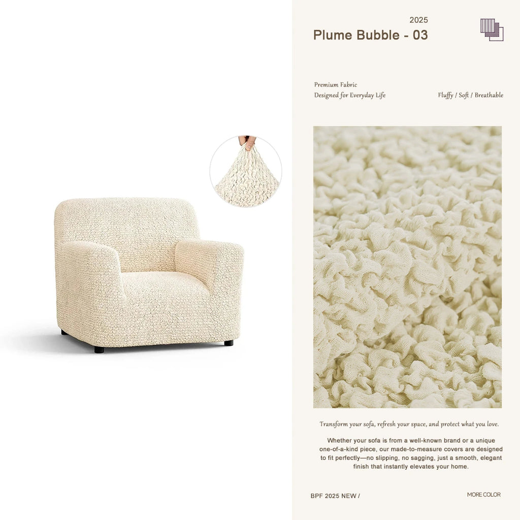 Beige custom armchair cover – premium furniture protector by Plume Bubble