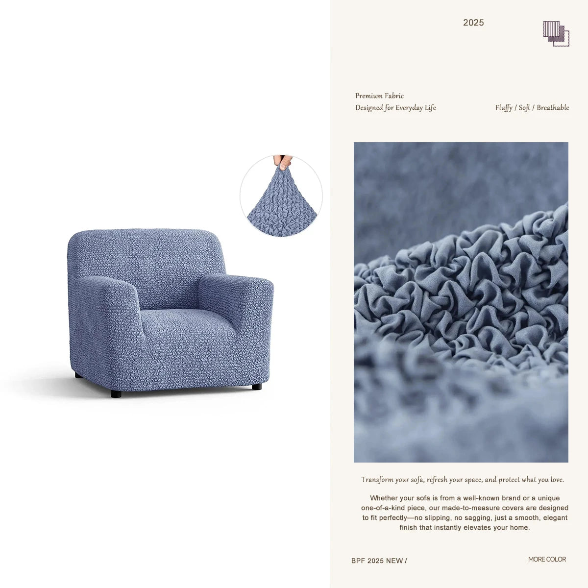 Blue custom armchair cover – premium furniture protector by Plume Bubble