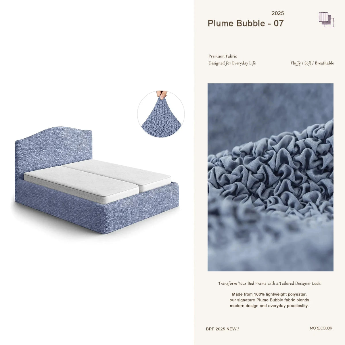 Blue custom-made bedspread by Plume Bubble — handcrafted polyester fabric, modern bedroom with tailored bed cover.