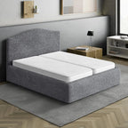 Custom gray bedspread by Plume Bubble on California king bed — breathable stretch fabric with smooth, tailored finish.