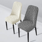Custom curved dining chair covers handmade by Plume Bubble – stretch, breathable, and cat-proof fabric for all-season protection.