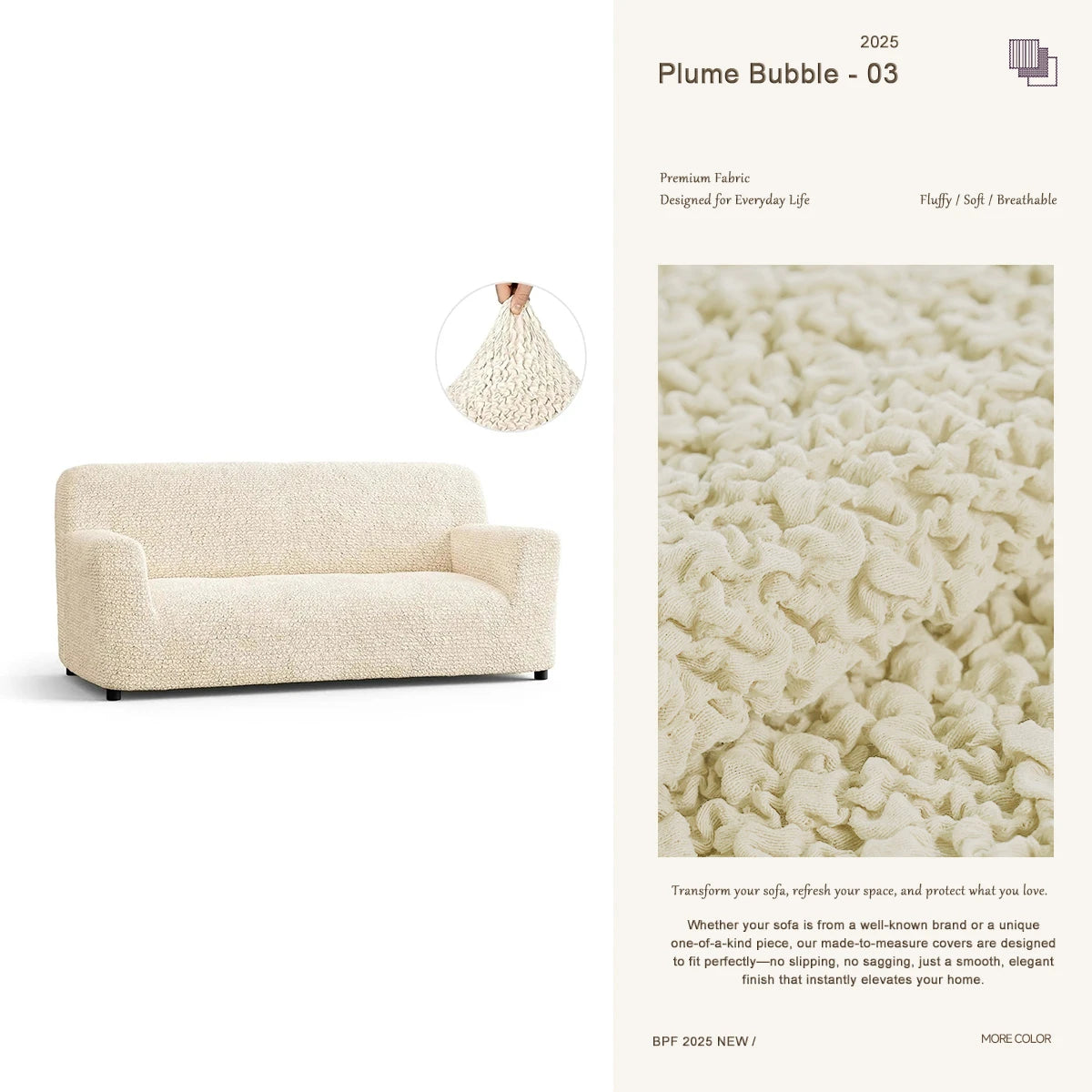 Beige custom sofa cover for 3-seater couch – modern washable slipcover by Plume Bubble