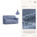 Blue stretch custom sofa cover on 2-seater sofa – washable slipcover by Plume Bubble