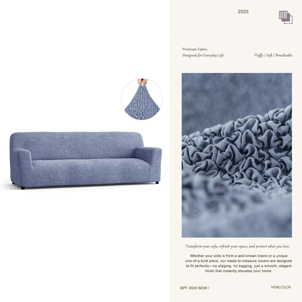 Blue custom 4-seater sofa cover – modern washable stretch slipcover by Plume Bubble