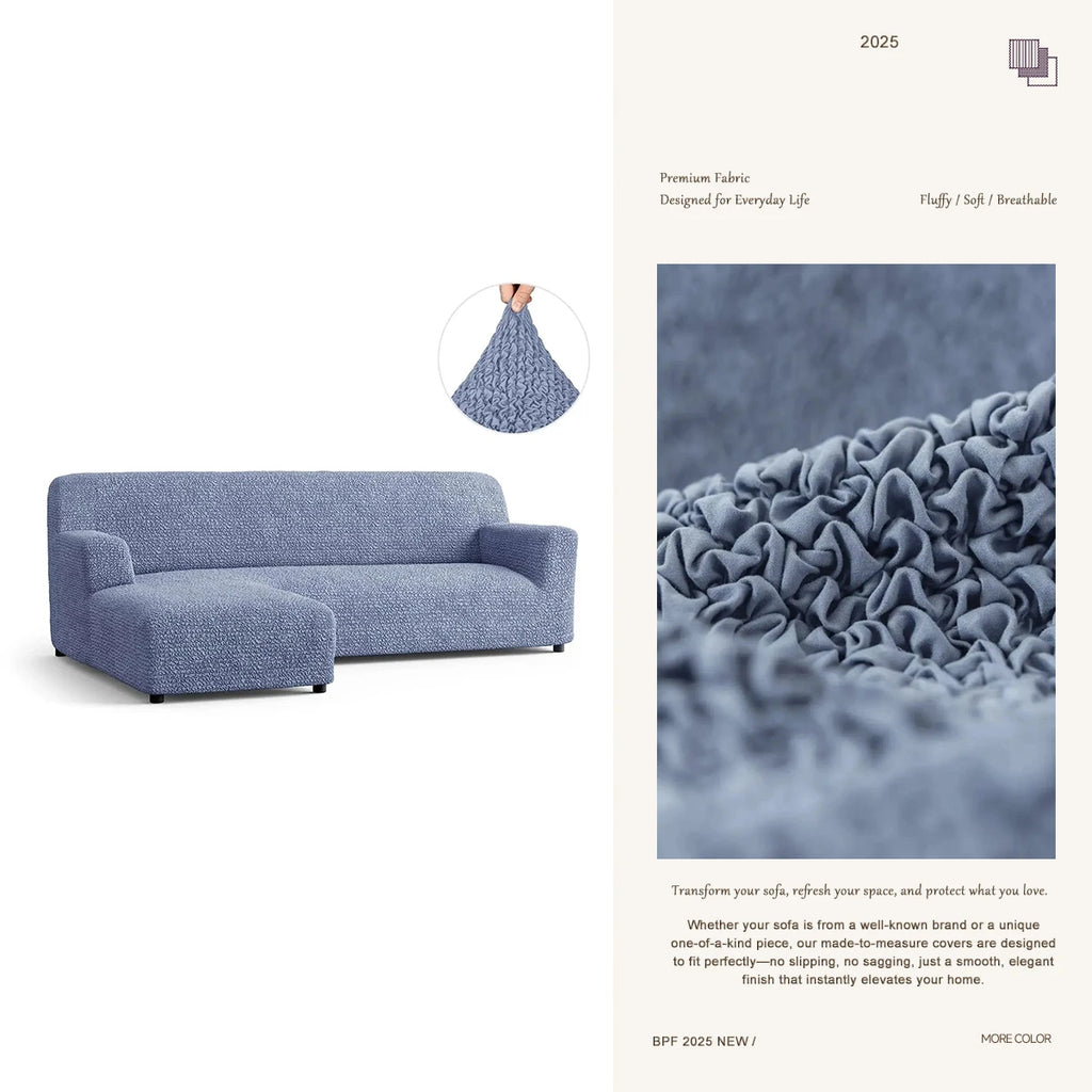 Blue custom-size sofa cover – handcrafted furniture slipcover by Plume Bubble
