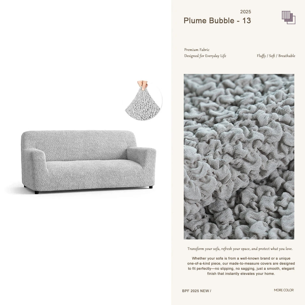Gray custom sofa slipcover for 3-seater – premium furniture protector by Plume Bubble