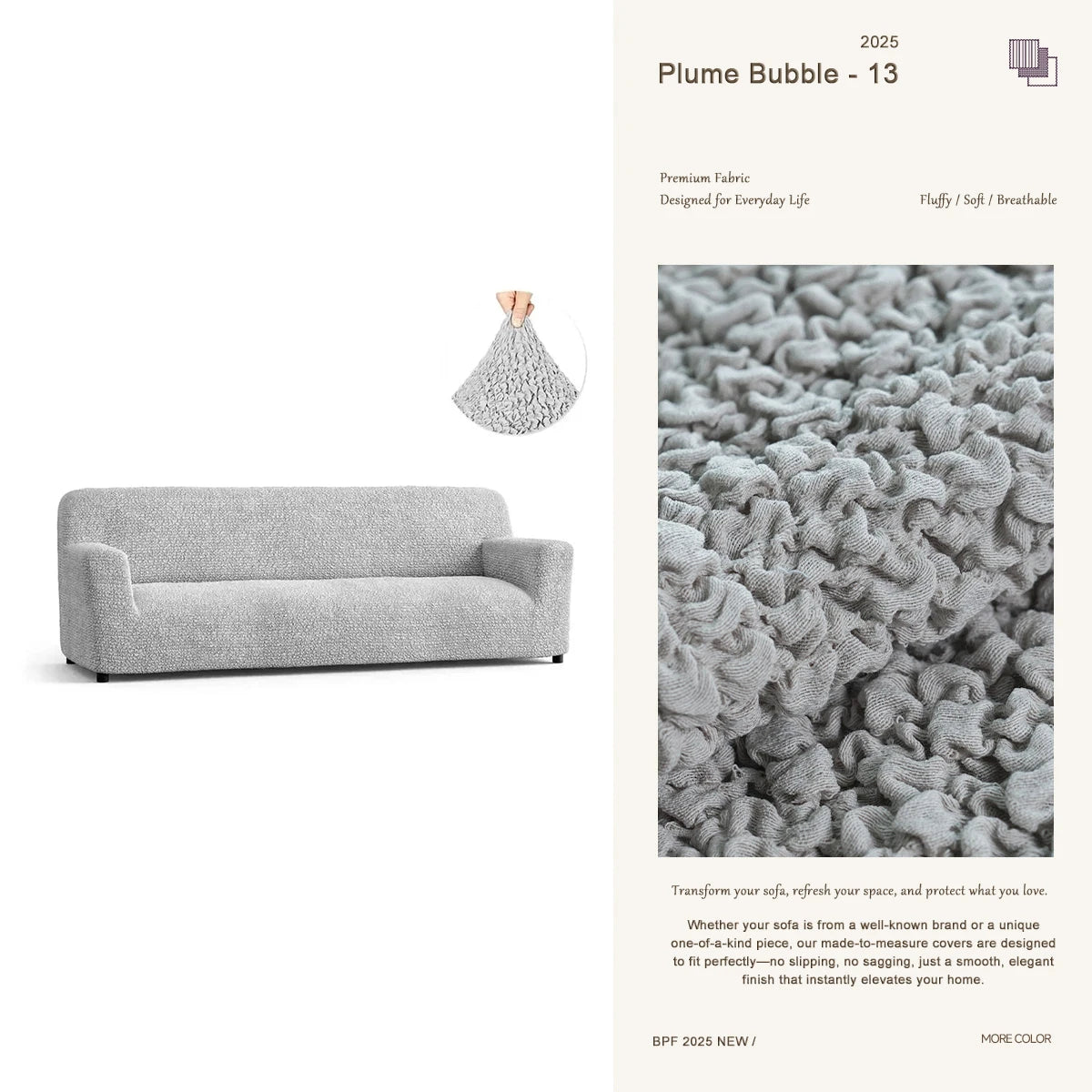 Gray custom 4-seater sofa cover – modern washable stretch slipcover by Plume Bubble