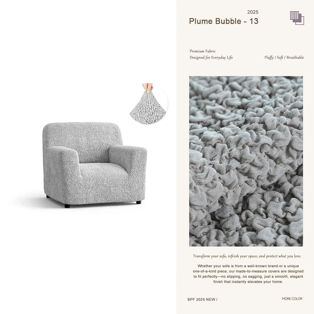 Gray custom sofa slipcover for armchair – premium furniture protector by Plume Bubble