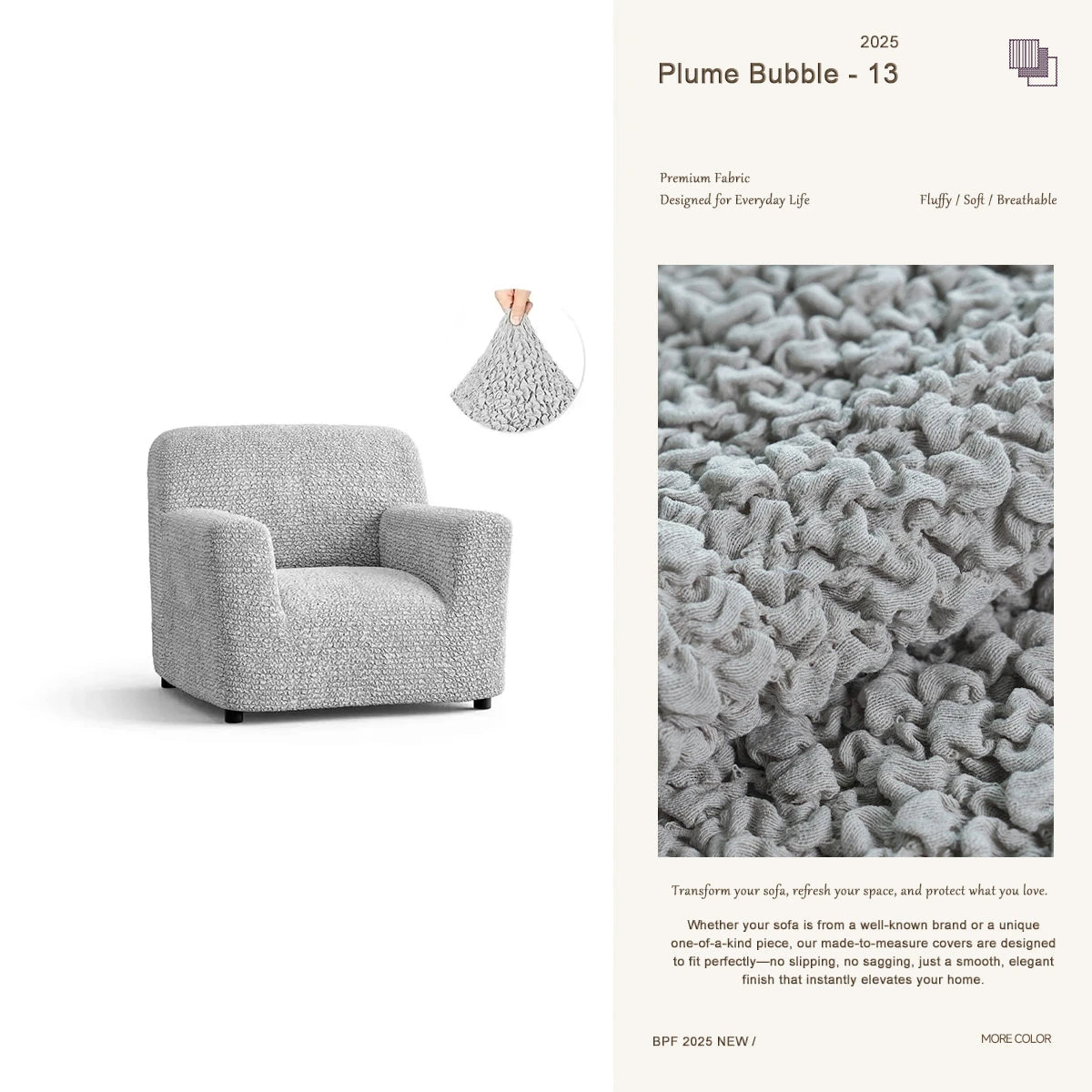 Gray custom sofa slipcover for armchair – premium furniture protector by Plume Bubble