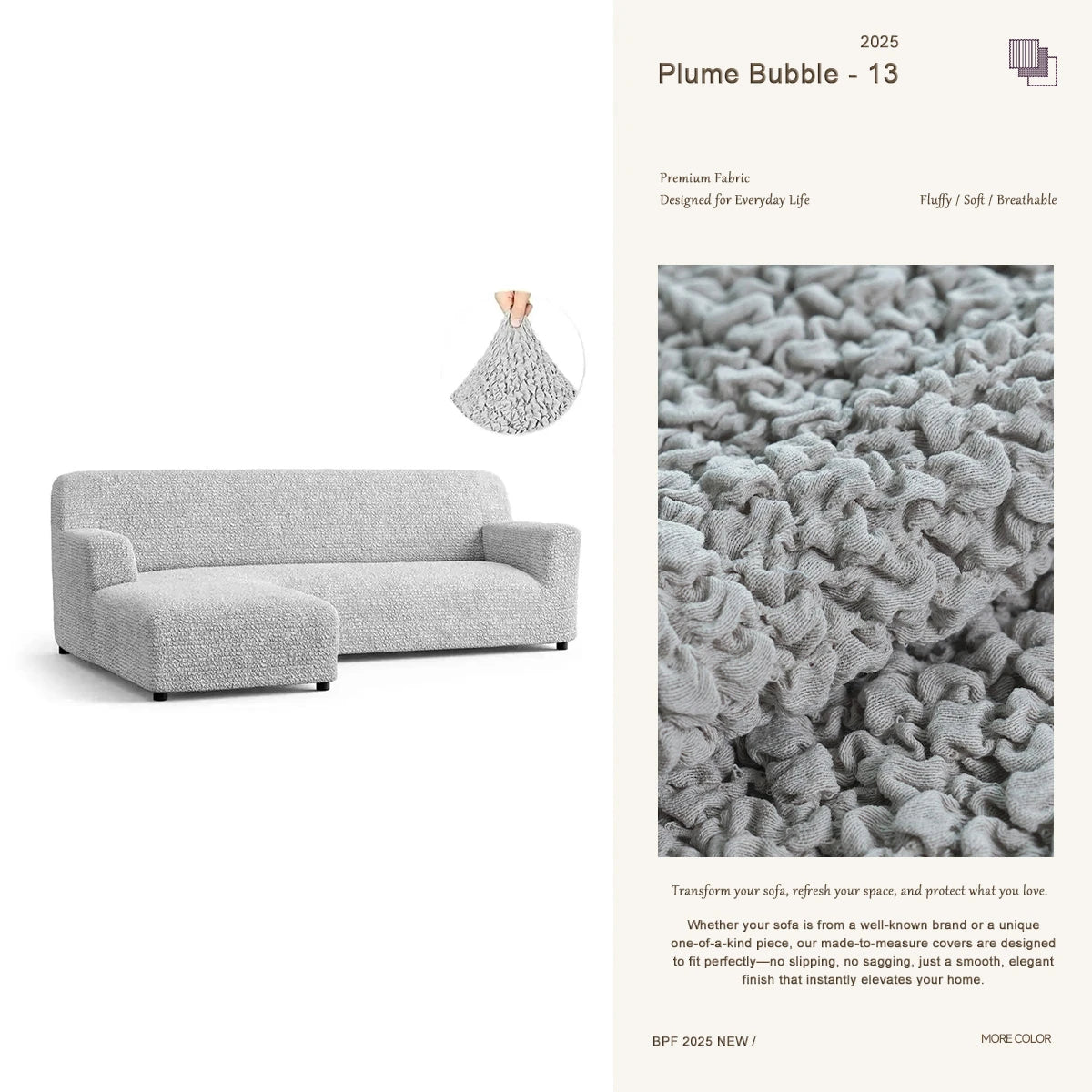 Gray custom-size sofa cover – handcrafted furniture slipcover by Plume Bubble