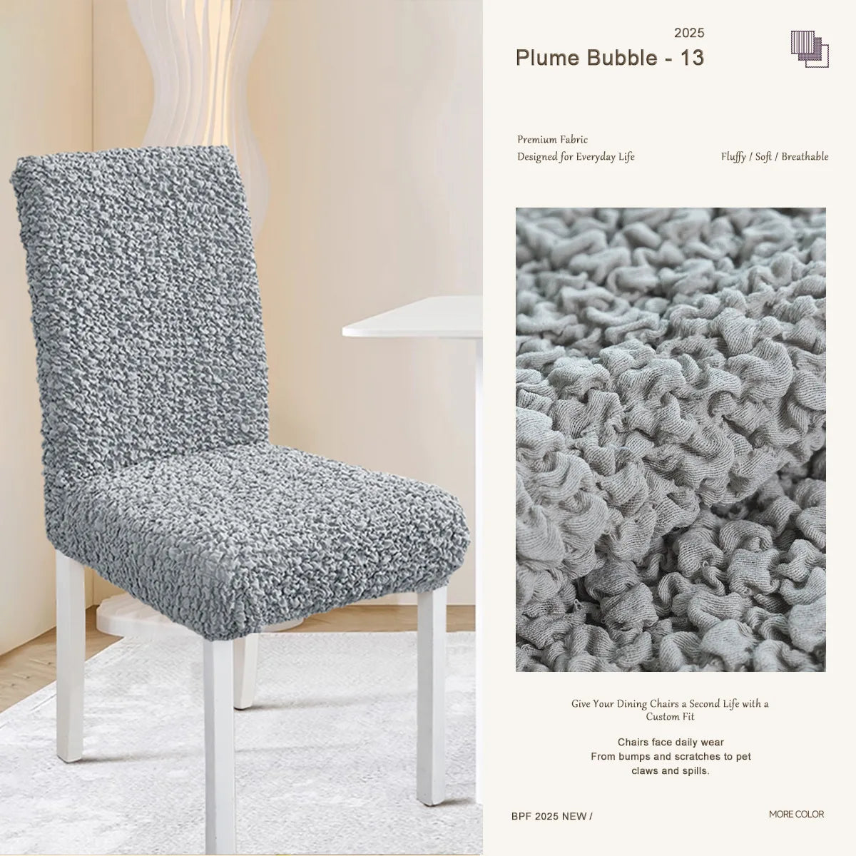 Gray custom dining chair cover by Plume Bubble – modern, durable, and easy-care slipcover for everyday dining spaces.