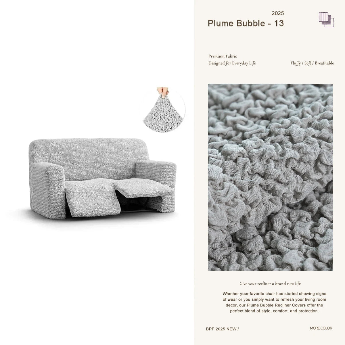 Gray double recliner cover by Plume Bubble – premium, washable fabric slipcover for two-seater recliners.