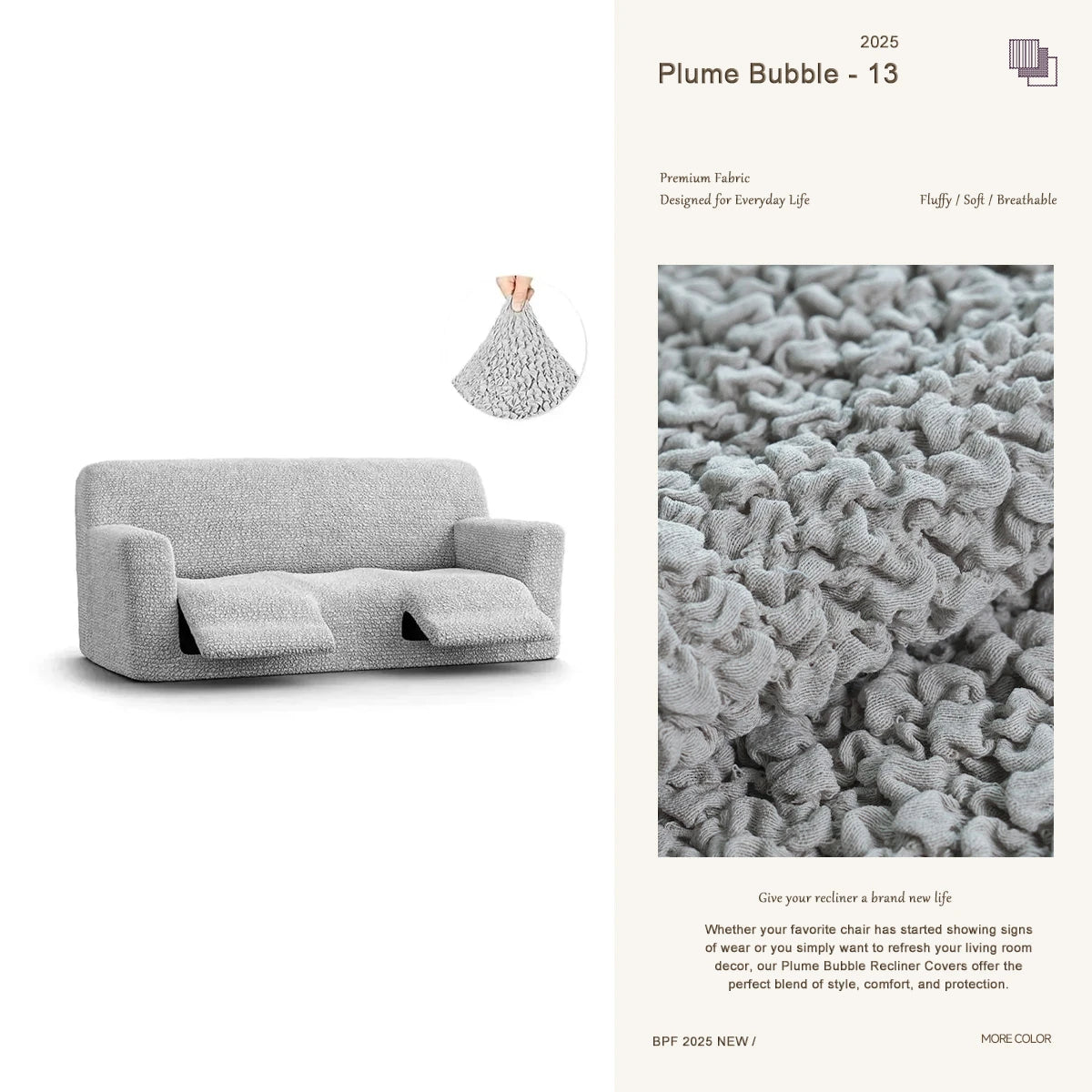 Gray sofa recliner cover by Plume Bubble – sleek, handcrafted stretch cover for large reclining sofas.