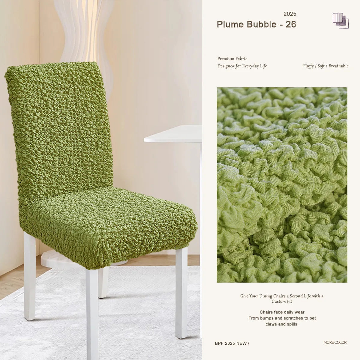 Green dining chair slipcover – breathable, eco-inspired custom-fit chair cover handmade by Plume Bubble.