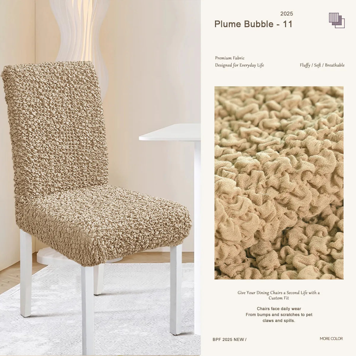 Khaki custom dining chair cover – timeless, cat-proof slipcover designed for durable chair protection.