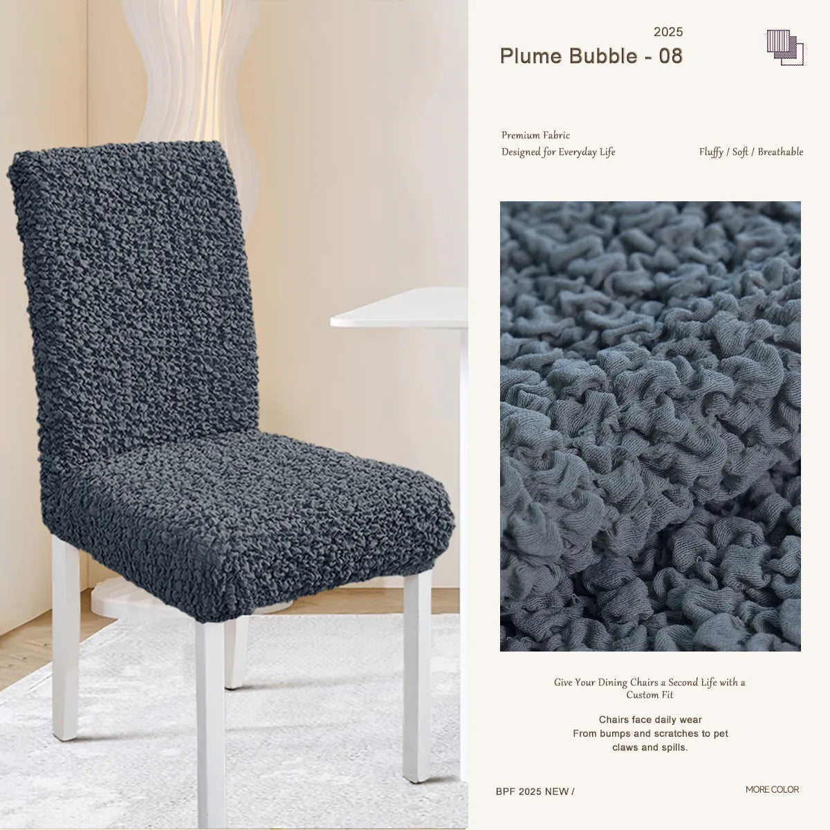 Navy blue custom dining chair slipcover – elegant, stretchable, and handcrafted for perfect fit and long-lasting comfort.