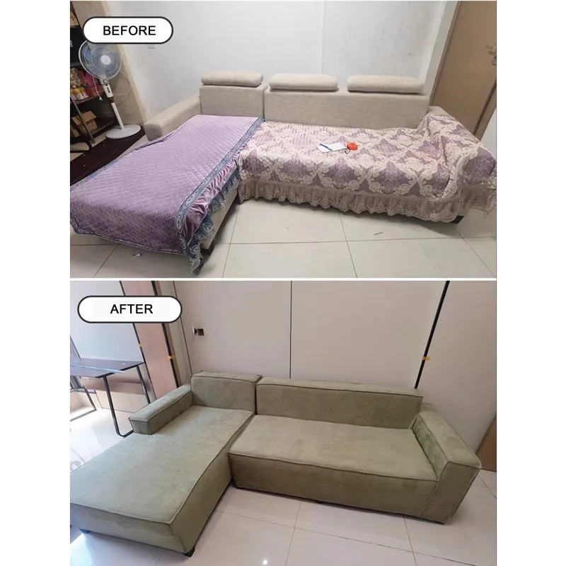 Custom sofa cover before and after showing perfect fit