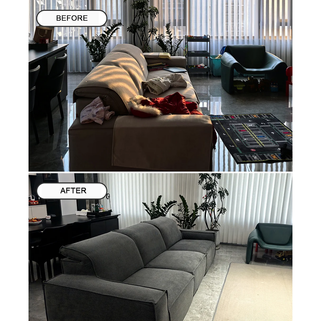 Stylish sofa before and after transformation with fitted slipcover