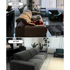Stylish sofa before and after transformation with fitted slipcover