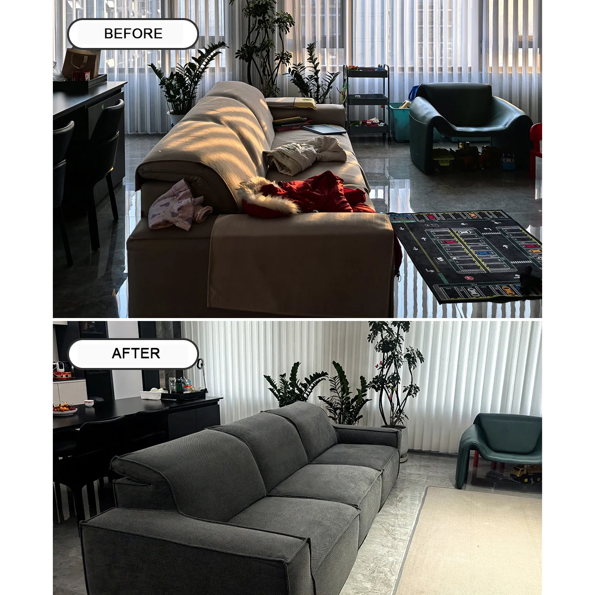 Stylish sofa before and after transformation with fitted slipcover